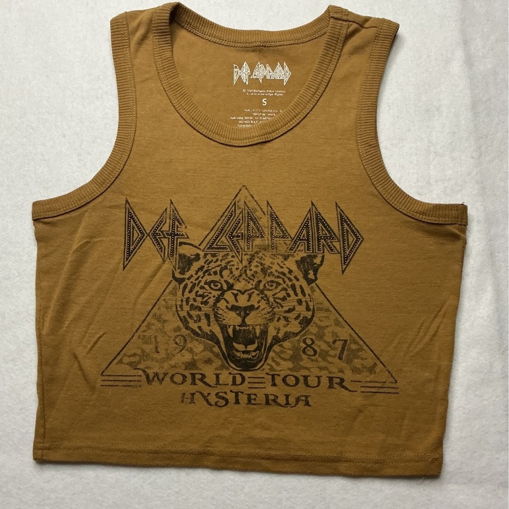 Def Leppard 1987 World Tour Hysteria Graphic Crop Tank Top Brown Small